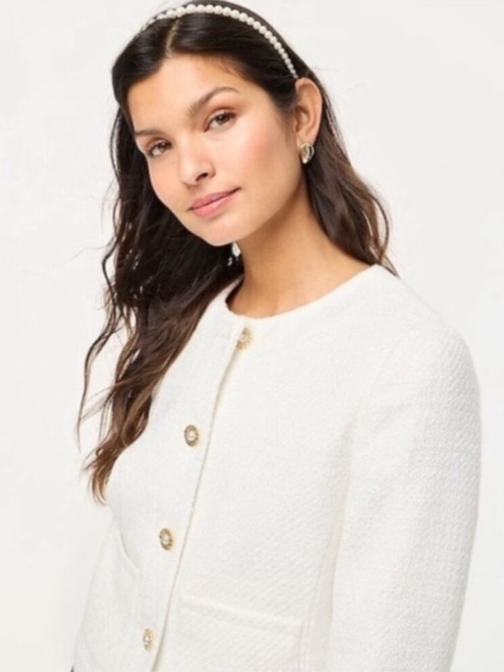 J.Crew Factory Womens Ivory Tweed Lady Jacket BW284 Preppy Pocket 16 Pearl Chain - Picture 3 of 15